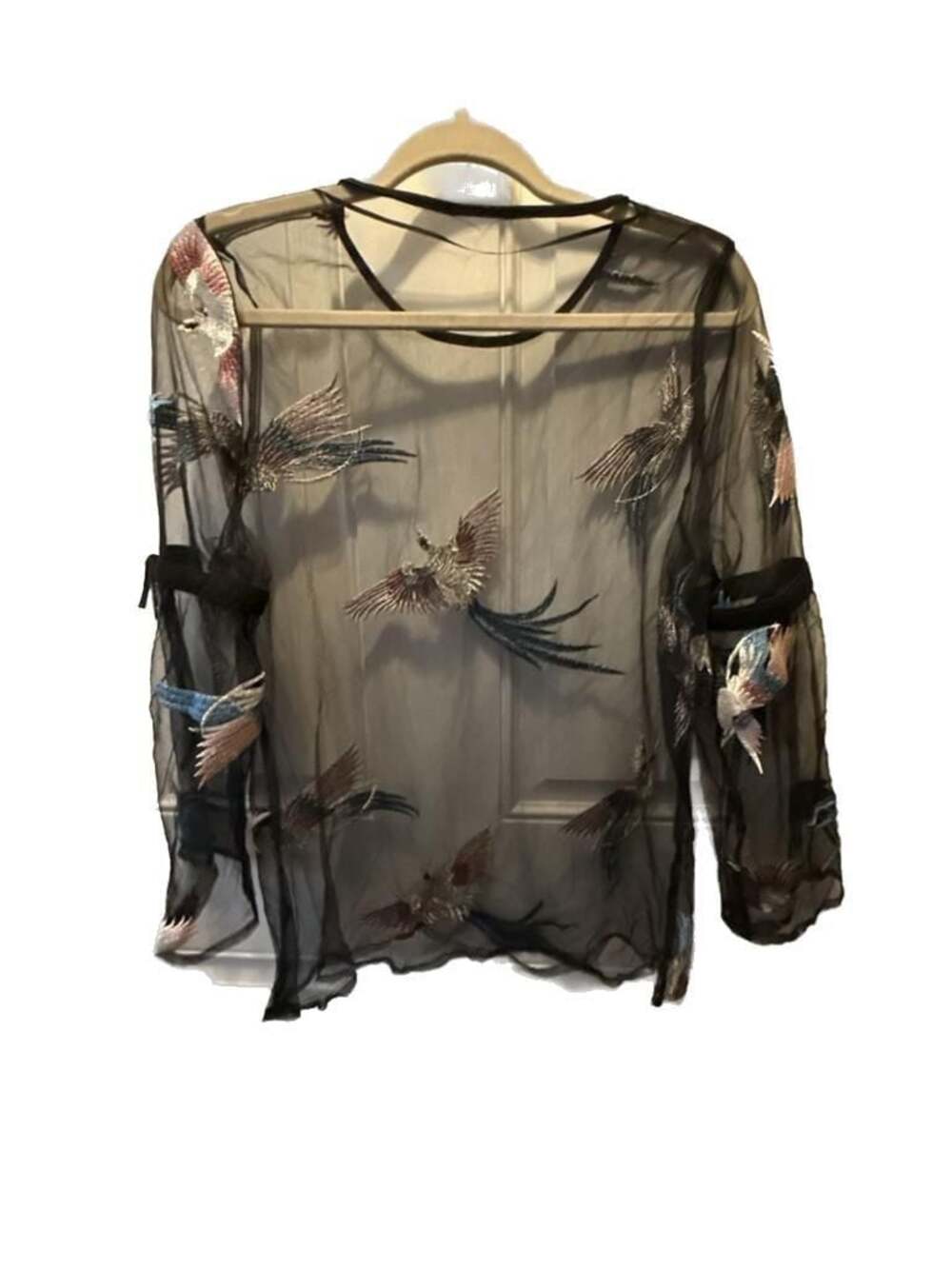 Jaune Rouge Paris Sheer Mesh Embroidered Bird Long Sleeve Blouse
